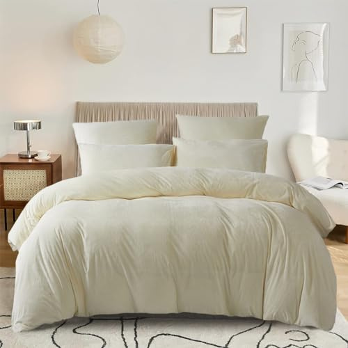 DXHOME Biancheria da letto in peluche, 135 x 200 cm, beige, crema, biancheria da letto invernale, morbida microfibra pile, calda e reversibile, con chiusura lampo + 1 federa 80 x 80 cm