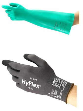 AlphaTec 37-185 Nitril-Arbeitshandschuhe, Industrie Chemikalien, Grün, Größe L (1 Paar) + HyFlex 11-840 Professionelle Arbeitshandschuhe, Industrie-Schutzhandschuhe, Schwarz, Größe L (1 Paar)