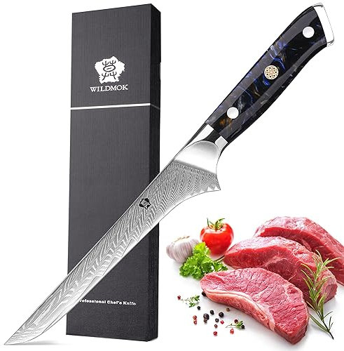 WILDMOK Coltello per disossare, coltello da rifinitura giapponese Damasco, coltello per filetti per disossamento di grado professionale, coltello per disossare da 7 pollici