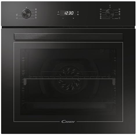 Candy FMBC 896S / Einbaubackofen mit Heißluft / 70 L/Pyrolyse Selbstreinigung mit Aquactiva/Versenkbare Knebel/Display mit Touch-Bedienung/Timer/Uhr / 9 Programme/Schwarz