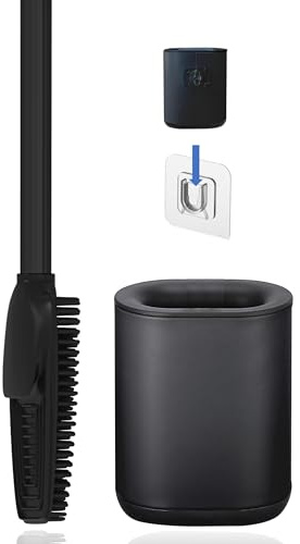 arteneur® Escobillero de Silicona 3 en 1 con Portaescobillas, Mango Largo Higiénico de Acero Inoxidable con Cuchillas y Rascador - para Baño y Aseo de Invitados (Negro)