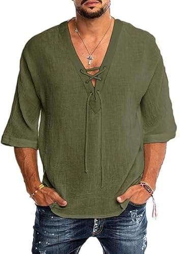 Runcati Camisa de lino para hombre, manga corta, de verano, camisa informal con cuello en V, corte holgado, vintage, camiseta medieval, verde, XXL