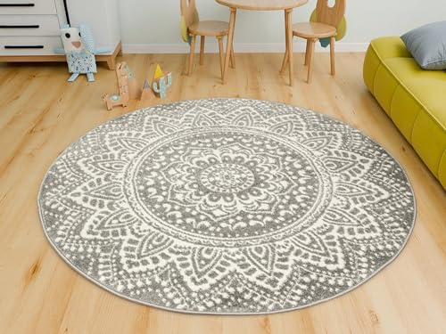 AKCILA Teppich Runder Muster Mandala Boho 140cm Weiß Grau, moderne Teppiche Wohnzimmer kurzflor, Teppiche Area Gegend, Tepich Schlafzimmer,Bedroom Rug