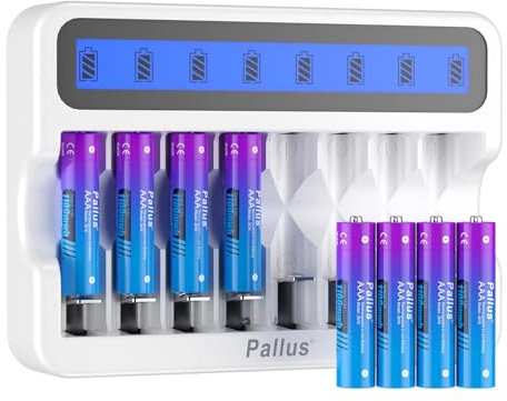 Pallus AAA Rechargeable Lithium Battery, 1100mWh High Capacity Triple A Rechargeable Li-Ion Batteries, 8 Pack 1.5V AAA Lithium Battery With 8-Slot White Charger