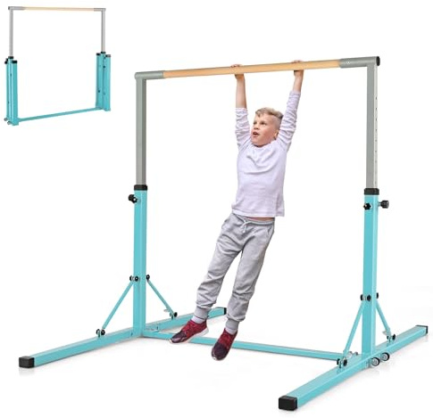 KOMFOTTEU Kinder Turnreck, Gymnastik Bar Gymnastikstange 13 stufig Höhenverstellbar, Reckstange Turnstange aus Stahl & Holz, Reck Stange zum Turnen für Mädchen Jugendliche, max 100kg | Robuste Bambusstange bis 120 kg Traglast, praktische Rollen integriert. Kompaktes Kinderturngerät für Indoor und Outdoor Nutz