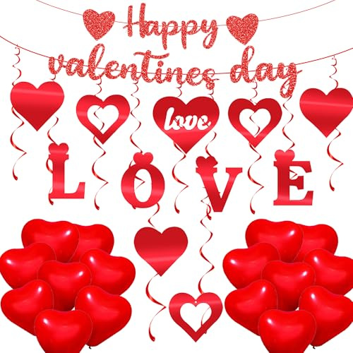 Valentines Day Decorations Heart Hanging Decoration 16Pcs Red Heart Valentine's Day Balloons Happy Valentines Day Banner Bunting for Valentines Day Party Decorations Wedding Supplies Accessories