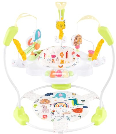 GYMAX Girello Centro attività, Piattino Rimbalzante per Neonati, 3 Altezze Regolabili, Sedile Girevole a 360°, Giocattoli Interattivi, Sdraietta con Musica e Luci per Bambini 6+ Mesi (Giallo)