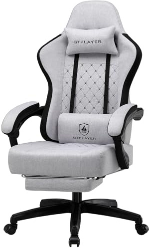 GTPLAYER Gaming Stuhl Ergonomischer Gaming Sessel Schreibtischstuhl mit Stoffoberfläche, Federsitzkissen, Verbindungsarmlehnen und Fußstütze 150KG, Weiß-Grau