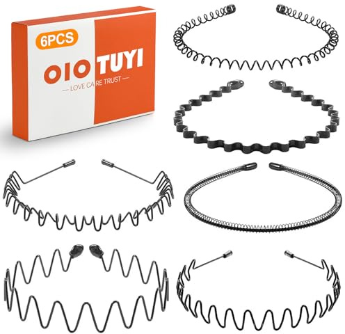 OioTuyi 6 stycken metallhårband, unisex hårband för män och män, våg metallpannband, halkfria tänder, svart multi-stil för utomhussport, yoga