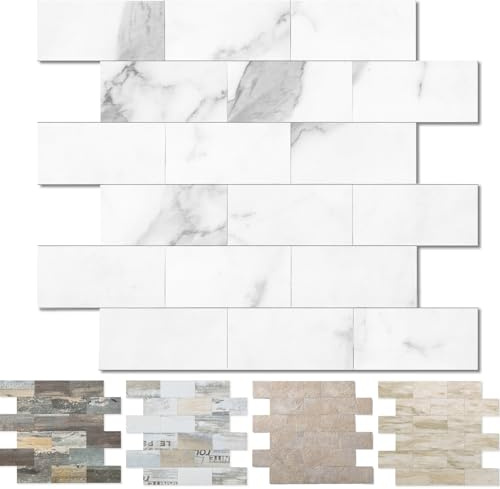 OYASIMI 10 Piece Durable Stick on Tiles Kitchen Backsplash, 12 PVC Self Adhensive Wall Tiles,Marble White Splashback for Kitchen & Bathroom
