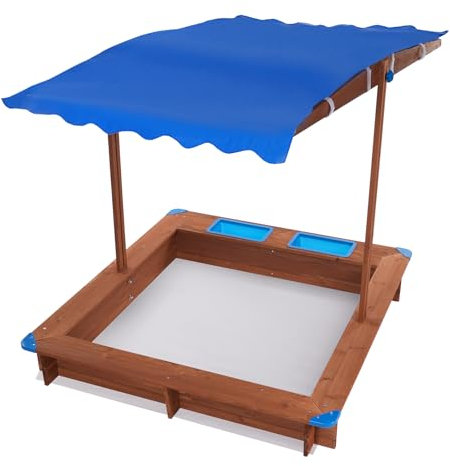Caja de arena de madera, 126 x 121 x 118 cm, con techo y alfombra de suelo, capacidad de carga 100 kg, capota ajustable, para patios traseros, jardines (planta índigo)