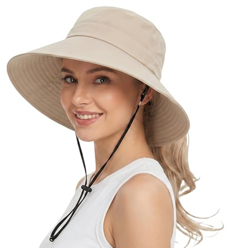 ehsbuy Sonnenhut Damen Breite Krempe mit Pferdeschwanzloch Faltbare Fischerhut Bucket Sommerhut mit Verstellbarer Kinnriemen Anglerhut für Safari Outdoor Aktivitäten