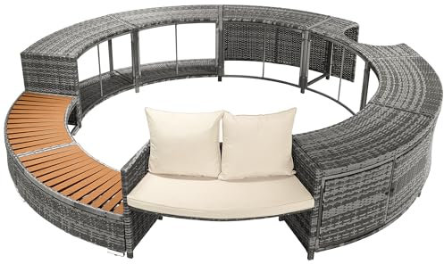 Emmtore Juego de salón de jardín con sofá Redondo, Conjunto de Muebles de jardín, Juego de salón para Jacuzzi y Piscina, Incluye Cojines, Muebles para Patio, jardín o Piscina