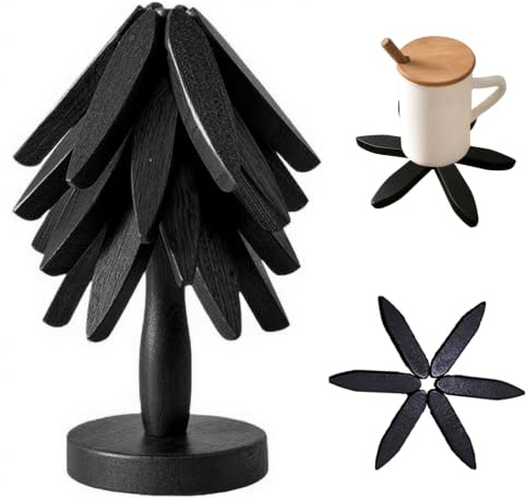 Natural Foldable Black Walnut Wooden Trivet Set - 4 Trivets + 1 Stand for Hot Dishes, Pot, Bowl, Teapot, Hot Pot Holders (Black)