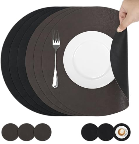 comfoyar Tischsets und Untersetzer Pu Leder Rund Schwarz Braun 6er Set | Doppelseitigen Abwaschbar und Wasserdicht Platzsets, Rutschfeste Platzdeckchen für Küche Esszimmer Dekoration, 33cm