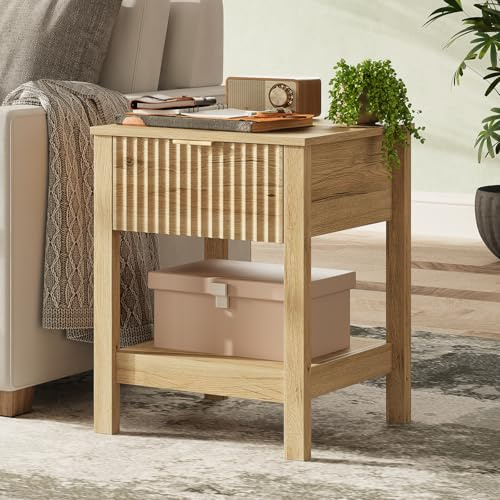 TROJM Fluted Night Stand with Golden Handle,Mid-Century Nightstands with Drawer,Modern Bedside Table with Storage Shelf,Large End Tables for Livingroom,Bed Side Tables for Bedroom,Natural Oak