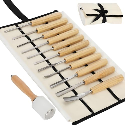 Kit per intaglio del legno, set professionale di strumenti per intaglio del legno, 12 pezzi per intaglio del legno e martello con sgorbie in tela, lama affilata in acciaio CR-V 60, set di strumenti