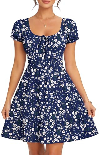 AUSELILY Women Summer Dress Puff Sleeves Ladies Dress Casual with Pocket | Dresses for Women Elastic Waist Minidress Casual Knee-Length Short Elegant Printed Lightweight Stretchable U-Neck Dresses