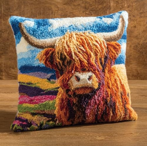 Kitquiver Latch Hook Cushion Kits Highland Cow 43X43Cm Latch Hook Pillow Case Kits Embroidery,DIY Needlework Pillow Cover Sofa Cushion Rug Making Kits for Adults and Kids,Craft Kits Home Decor