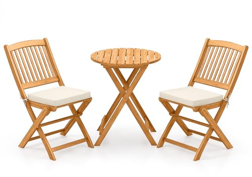 FANTASK 3tlg. Gartenmöbel Set, Runder Bistrotisch mit 2 Stühlen, klappbares Balkonmöbel-Set aus Akazienholz, Bistroset inkl. Rundtisch & 2 Stühlen mit 2 Kissen, Sitzgruppe für Garten, Balkon (Beige)