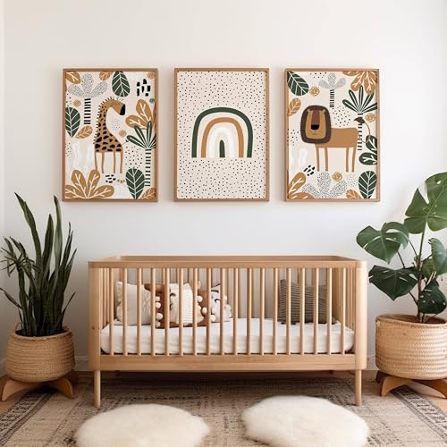 Ueiwffzo 3er Poster Set Waldtiere Löwe Giraffe Leinwandbild Bilder Kinderzimmer Regenbogen Babyzimmer Deko Wandbilder Ohne Rahmen Wandbild Wanddeko für Junge Mädchen Kinderzimmer (30x40cm)