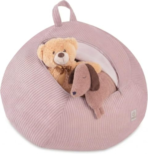 MISIOO Funda de puf para niños, funda para puf de peluche, caja de juguetes y puf en uno, lavable con cremallera, organizador de peluches para habitación infantil, color beige