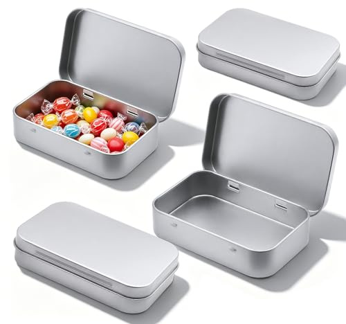 4 stycken metallburkar små, silver liten plåtburkar med lock | rektangulär burkar metalllåda, mini förvaringslåda, för mynt, godis, nycklar, smycken, örhängen (9,5x6,0x2,2 cm)