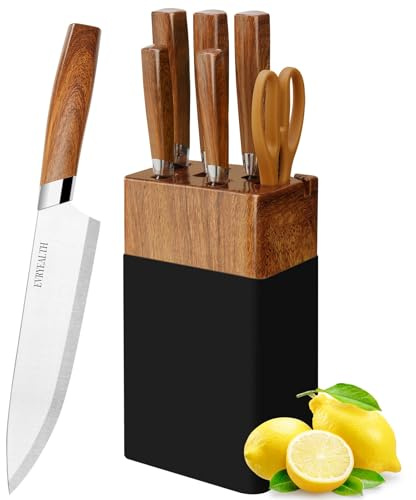 aonasuo Ensemble de couteaux de cuisine 7 pièces avec bloc et aiguiseur, poignées effet bois (non en bois), couteaux tranchants en acier inoxydable comprenant couteau de chef, couteau à pain, couteau