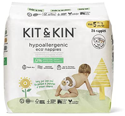 Kit & Kin Premium Öko-Windeln Größe 5 (11+ kg) 112 Windeln, Pflanzliche & Hypoallergene Babywindeln, Zuverlässiger Auslaufschutz, Vegan & Tierversuchsfrei