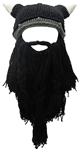 Metyou Erwachsene Wikinger Bart Beanie Horn Hut Winter Warme Maske Mütze Strickwolle Lustige Schädel Kappe