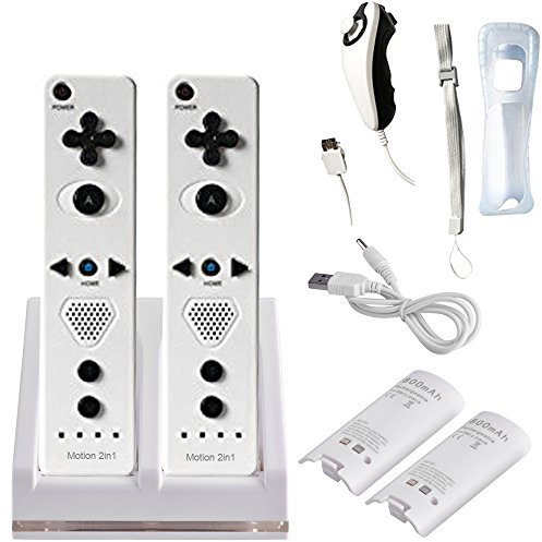 Ameego - Lot de 2 télécommandes sans fil Motion Plus, 2 manettes Nunchuk, 1 station de chargement et 2 batteries de 2 800 mAh pour Nintendo Wii et Wii U blanc/noir