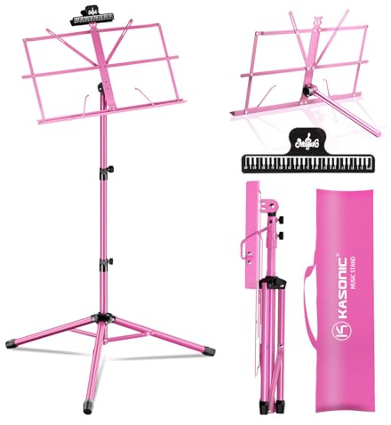 K KASONIC - Music Stand, 2 in 1 Dual-Use Folding Sheet Music Stand & Desktop Book Stand, Portable, Lightweight with Music Sheet Clip Holder & Carrying Bag Suitable for Instrumental Performance (Pink)