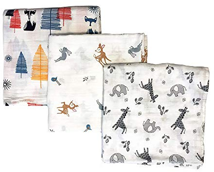 Baby Swaddle Decke Musselin, 47x47 (3er-Pack)Fox & Deer & Girafe Druck Organic Cotton Muslin Empfang Decke für Jungen und Mädchen, Spucktücher & Spaziergänger Cover - Baby Shower Geschenk