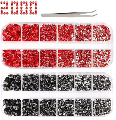 PHOGARY 2000+ Stück Strasssteine zum Basteln, Rot & Schwarz, Flache Rückseite, 6 Größen (2-5 mm) mit Pinzette zum Basteln, Nageldesign, Kleidung, Schuhe, Taschen, Handyhülle