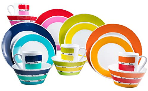Melamin Camping Geschirrset 16 Teile - für 4 Personen - bunt - Campinggeschirr - Essgeschirr - spülmaschinengeeignet - bruchfest - Teller - Schälchen - Tassen - für Picknick Outdoor Garten