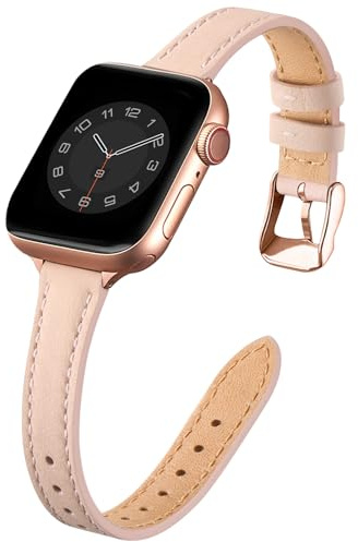 SUNFWR Bracelet Cuir pour Apple Watch 42mm(Series 11/10) 44mm 45mm 46mm | Femme Élégant Remplacement Cuir Fin Véritable pour iWatch SE3/SE2/SE,Series 11/10/9/8/7/6/5/4/3/2/1(Sable rose&Or rose)