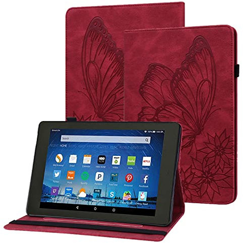 Rostsant Kindle Fire HD8/HD8 Plus Hülle Geprägter Schmetterling PU Leder Case Brieftasche Stifthalter Tablet Schutzhülle für Kindle Fire HD8 2020/Fire HD 8 Plus 2020 - Rot