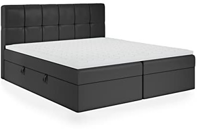 FEDVE Boxspringbett 140x200 Schwarz Öko-Leder – Mokpo – Praktisches Bett mit Bettkasten – Gemütlich Kopfteil Bett mit Matratze für Viele Jahr - Stabiles Doppelbett mit Stauraum zum Schlafzimmer