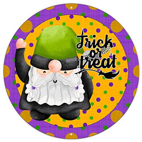 Lila und grün gepunkteter Kranz Zwerge Metall Türhänger Halloween Trick Or Treat Wandkunst Dekor Metallschild Halloween Rundes Schild Happy Boo Season Gnomes Vintage Bauernhaus Schilder 30,5 x 30,5 cm