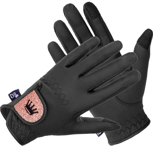 EQUESTRIAN QUEEN - Funktionelle Damen Reithandschuhe mit Touchscreen Kompatibilität, Rutschfestem Grip & Elegantes Design - Perfekt für den Reitsport - Bali (Schwarz/Rosegold, L)