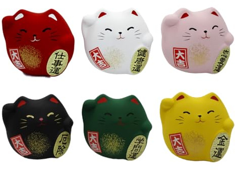 EDOYA Maneki Neko Daruma (Set of 6) Japanese Multicolor Good Luck Cat Figurine Charms Set (2.2x2.2 inch)