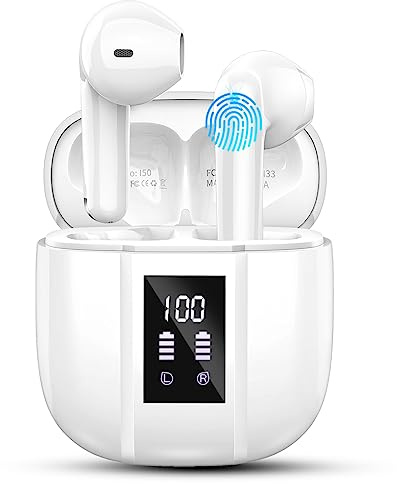 Renimer Kopfhörer, Kabellos Bluetooth 5.3, In Ear, IP7 Wasserdicht Wireless Kopfhörer mit Mikrofon, 48H Immersiver Deep Bass Earbud, Digitale LED-Anzeige Ohrhörer Weiss