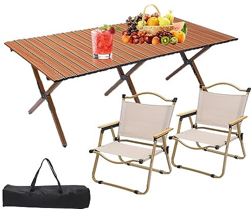 Camping Klapptisch Und Stühle, Roll-Up Klapptisch, Picknicktisch Klappbar Mit Zwei Stühlen,campingtisch 4-6 Personen, Aluminiumlegierung Eierrollentisch Mit Tragetasche, Für Innen, Outdoor, Hinterhof