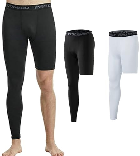 2 Pack Fashion Men's Basketball Single Leg Tight Sports Pants 1/2 One Leg Compression Pants Base Layer Underwear (Small,Black+White-Right-Long)