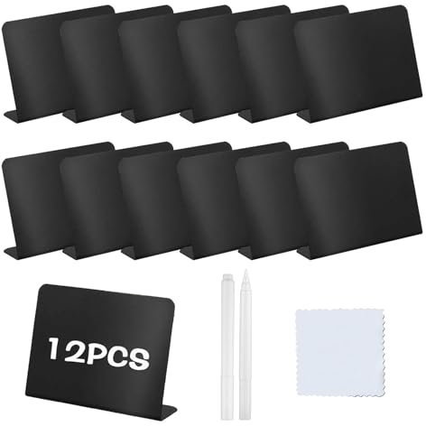 LightBeacon Panneaux de Buffet, 12 Petits Tableaux Noirs, Support pour étiquettes de Prix 10 x 7,6 cm en Forme de V, avec 2 stylos et 1 Chiffon de Nettoyage,pour Panneaux de Buffet, étiquettes de Prix