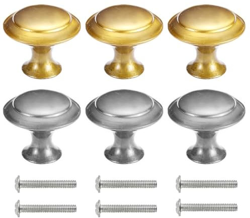 PBAHAUP Pomolo per Mobile Rotondo, 6 pezzi pomelli per armadietti vintage, Pomolo per Mobili Rotondo, Maniglia per Armadietto con Viti, per Porte Armadietti Cassetti e Guardaroba, Oro, argento, M