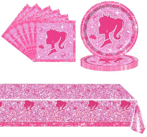 POPOYU 37 Pièces Vaisselle de Princesse rose en Papier -16x Assiettes en Papier,20 x Serviettes,Nappe,Ensemble de Vaisselle pour Fournitures de Décoration Fille Anniversaire Mariage (16 invités)