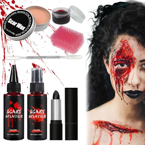 HYran Kunstblut Set, 6 PCS halloween-kunstblut, Halloween SFX Schminke Kit, Mit Stipple Schwamm, Special Effects Makeup Kit Wound Molding Skin Wax Mit Spatel, Schwarzer Lippenstift