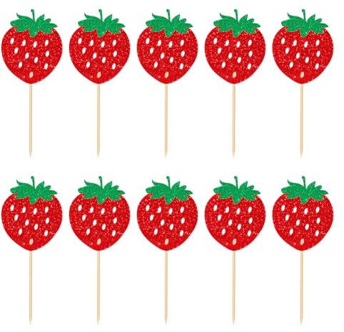 JIHUOO 36 Stück Glitzer-Erdbeer-Cupcake-Aufsätze, Obst-Party, Cupcake-Picks, Kuchendekoration, Zahnstocher, Hochzeit, Dessert, Picks, Obst, Sandwich, Cocktailspieße, Babyparty, Lebensmittelaufsätze