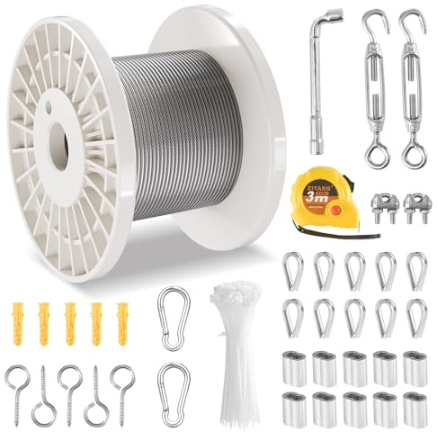 VEVOR Câble Acier Inoxydable, 3,18 mm x 30,5 m, Câble Métallique Inox 304 Tressé 7x7 Qualité Aéronautique avec Multiples Accessoires, Résistance de Rupture 2,9 kN, pour Garde-corps, Clôture, Rampe